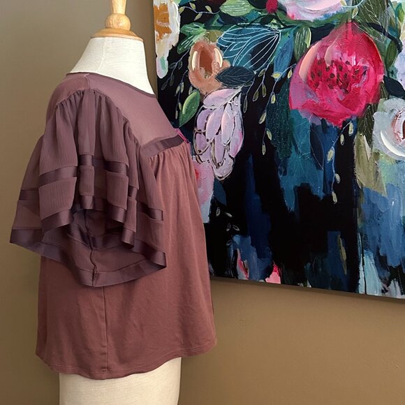 Express Mauve Sheer Panel Flutter Sleeve Blouse Women's Size Medium - Picture 3 of 8